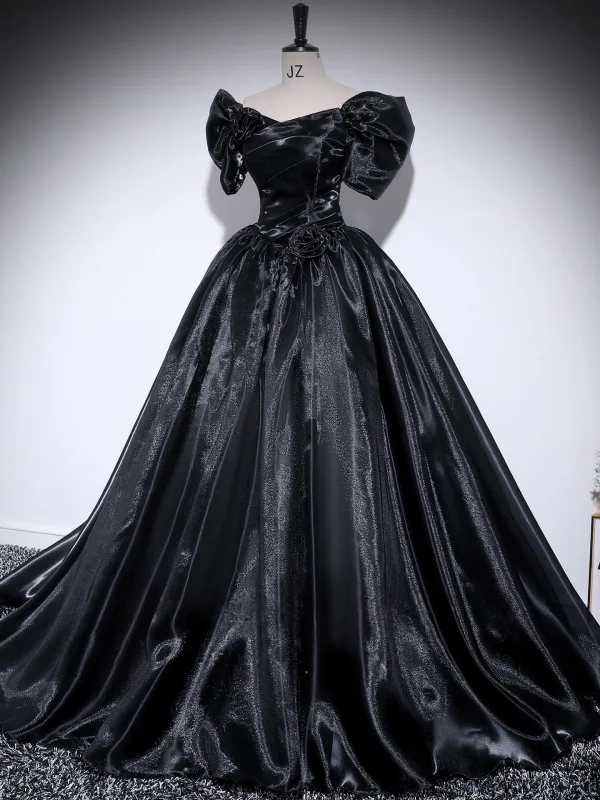 Chic / Beautiful Black Ball Gown Prom Dresses 2025 Off-The-Shoulder Puffy Short Sleeve Backless Floor-Length / Long Formal Dresses