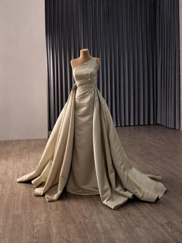 High End Gelb Handgefertigt Perlenstickerei Strass Pailletten Satin Ballkleider 2026 Meerjungfrau One-Shoulder Ärmellos Sweep / Pinsel Zug Festliche Kleider