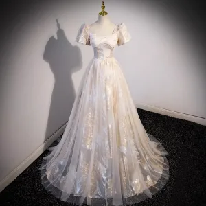 Mode Champagne Glitter Perle Robe De Bal 2023 Princesse Encolure Carrée Manches Courtes Dos Nu Train De Balayage Soirée Robe De Ceremonie