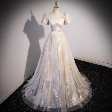 Fashion Champagne Glitter Pearl Prom Dresses 2023 A Line Princess Square Neckline Short Sleeve Backless Sweep Train Evening Party Formal Dresses