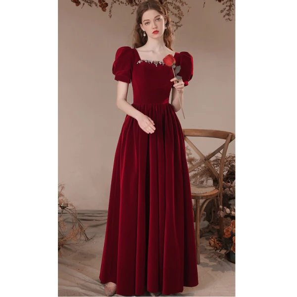 Elegant Burgundy Velvet Prom Dresses 2023 A-Line / Princess Rhinestone Square Neckline Short Sleeve Backless Floor-Length / Long Prom Formal Dresses