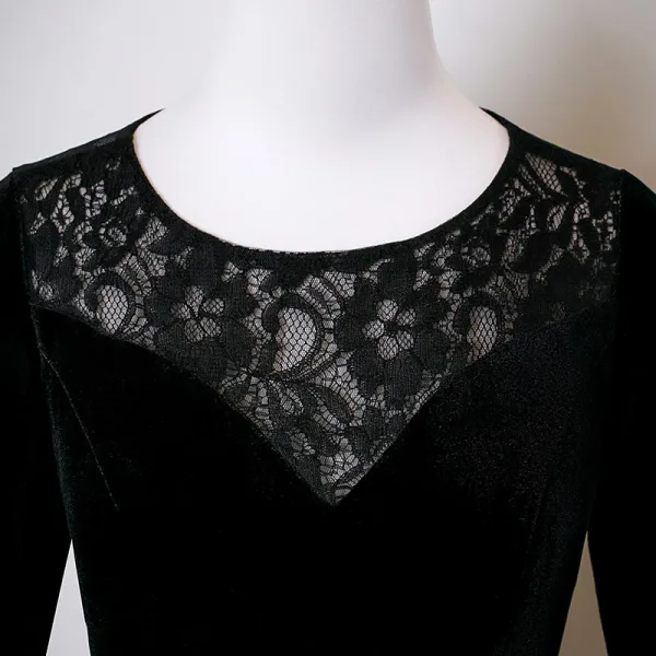 Vintage / Retro Black Lace Flower Satin Mother Of The Bride Dresses 2025 A-Line / Princess Scoop Neck Long Sleeve Backless Floor-Length / Long