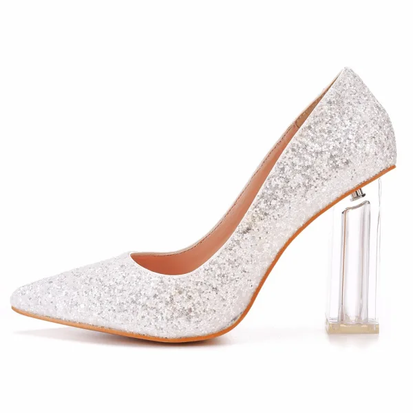 Charmant Argenté Paillettes Cristal Chaussure De Mariée 2022 9 cm Talons Épais À Bout Pointu Mariage Escarpins Talons Hauts
