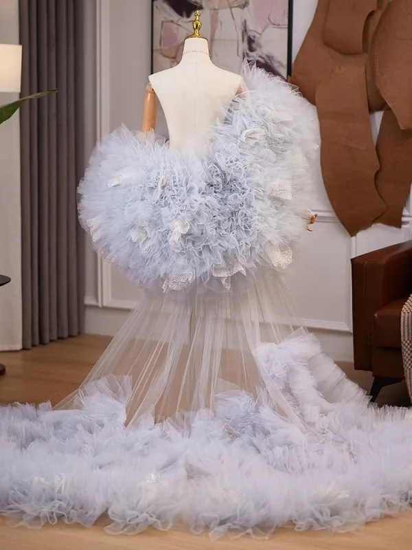 Fashion Sky Blue Appliques Pleated Short Sleeve Wedding shawl 2025 Tulle