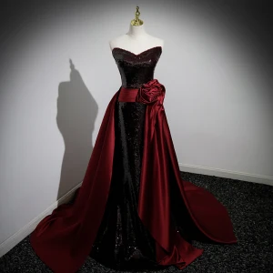 Chic Belle Bordeaux Paillettes Fleur Robe De Bal 2023 Trompette Sirène Sans Manches Bustier Dos Nu Tribunal Train Promo Robe De Ceremonie