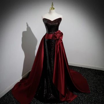 Chic Belle Bordeaux Paillettes Fleur Robe De Bal 2023 Trompette Sirène Sans Manches Bustier Dos Nu Tribunal Train Promo Robe De Ceremonie