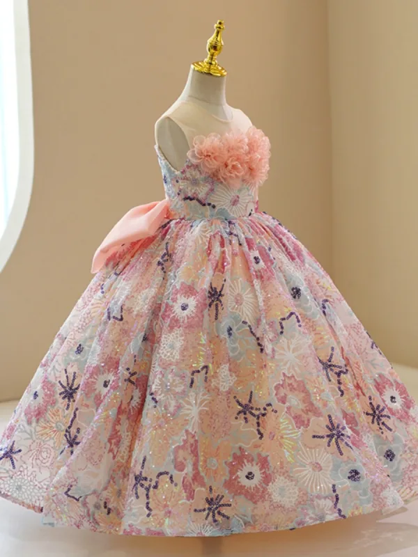 Charming Champagne Beading Rhinestone Sequins Appliques Flower Girl Dresses 2023 Ball Gown Scoop Neck Birthday Sleeveless Backless Bow Floor-Length / Long