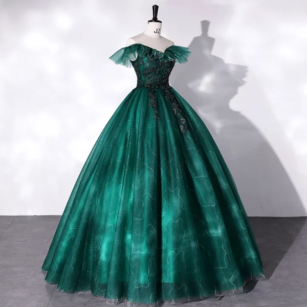 Chic / Beautiful Green Prom Dresses 2022 Ball Gown Off-The-Shoulder Sleeveless Backless Beading Lace Flower Floor-Length / Long Formal Dresses