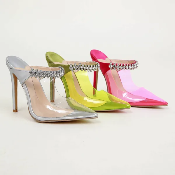 Transparent Silver Cocktail Party Womens Sandals 2022 Rhinestone 11 cm Stiletto Heels Pointed Toe Womens Sandals High Heels
