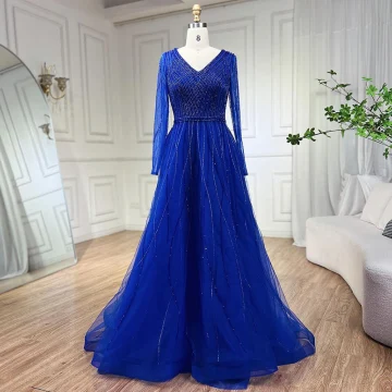 Haut De Gamme Bleu Roi Fait Main Perlage Robe De Bal 2024 Princesse V Cou Manches Longues Longue Promo Robe De Ceremonie