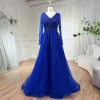 High-end Royal Blue Handmade  Beading Prom Dresses 2024 A-Line / Princess V-Neck Long Sleeve Floor-Length / Long Prom Formal Dresses