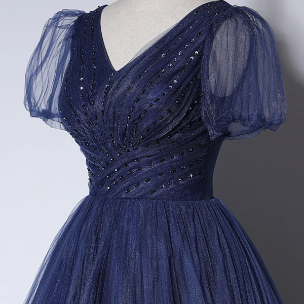 Vintage / Retro Navy Blue Beading Sequins Evening Dresses 2023 A-Line / Princess V-Neck Short Sleeve Backless Floor-Length / Long Evening Party Formal Dresses