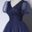 Vintage / Retro Navy Blue Beading Sequins Evening Dresses 2023 A-Line / Princess V-Neck Short Sleeve Backless Floor-Length / Long Evening Party Formal Dresses