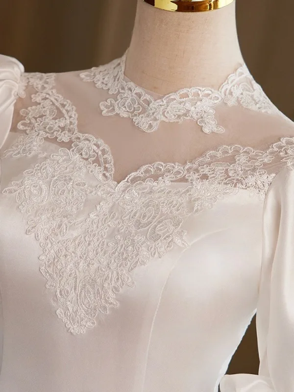 Vintage / Retro Medieval White Lace Flower Satin Wedding Dresses 2025 Ball Gown High Neck Long Sleeve Backless Court Train