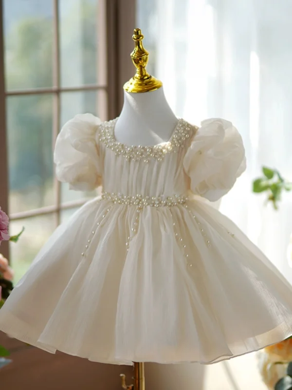 Chic / Beautiful Champagne Pearl Birthday Short Flower Girl Dresses 2024 Ball Gown Scoop Neck Puffy Short Sleeve Bow