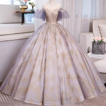 Chic Beautiful Purple Rhinestone Printing Prom Dresses 2023 Ball Gown Scoop Neck Short Sleeve Backless Floor Length Long Prom Formal Dresses