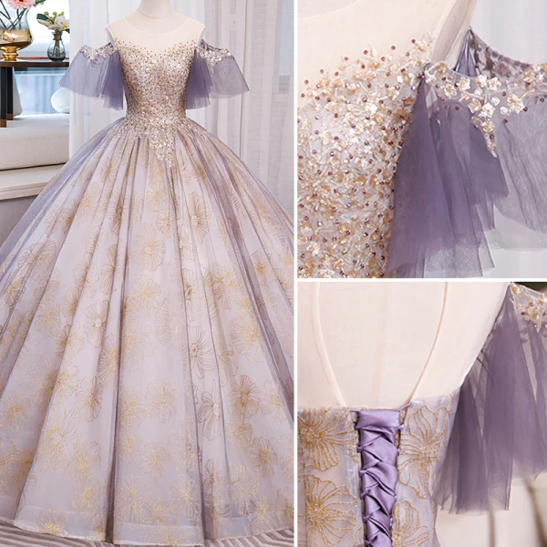 Chic / Beautiful Purple Rhinestone Printing Prom Dresses 2023 Ball Gown Scoop Neck Short Sleeve Backless Floor-Length / Long Prom Formal Dresses