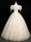 Elegant Champagne Glitter Prom Dresses 2024 Ball Gown Square Neckline Bow Puffy Short Sleeve Backless Floor-Length / Long Prom Formal Dresses