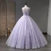 Chic / Beautiful Lavender Glitter Prom Dresses 2023 Ball Gown Spaghetti Straps Sleeveless Backless Floor-Length / Long Prom Formal Dresses