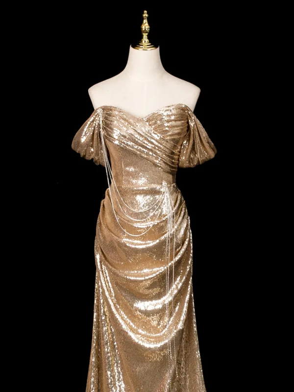 Glitzernden Gold Pailletten Abendkleider 2025 Meerjungfrau Off Shoulder Ärmellos Rückenfreies Sweep / Pinsel Zug Abend Festliche Kleider