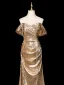 Glitzernden Gold Pailletten Abendkleider 2025 Meerjungfrau Off Shoulder Ärmellos Rückenfreies Sweep / Pinsel Zug Abend Festliche Kleider