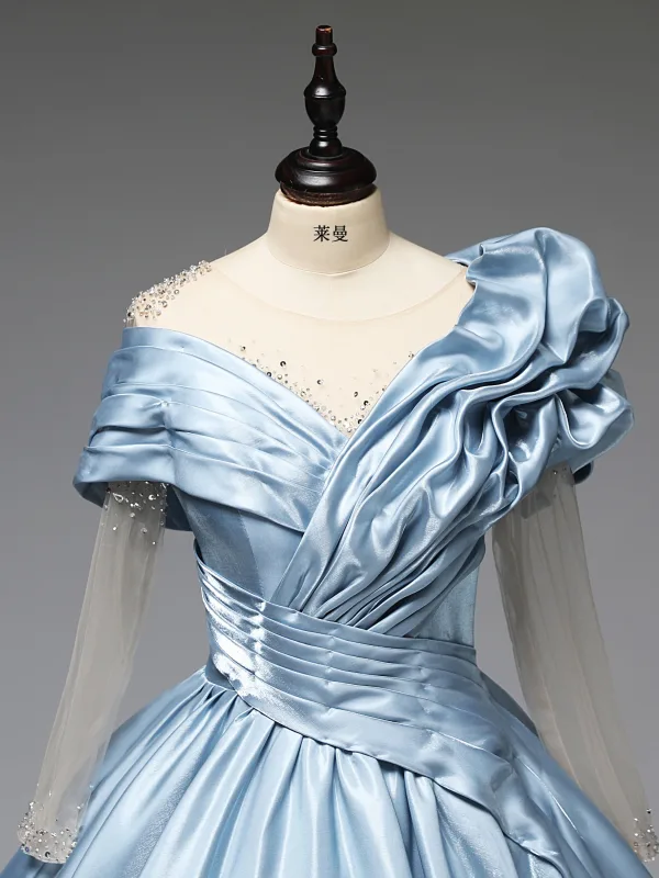Elegant Sky Blue Sequins Prom Dresses 2025 Ball Gown Scoop Neck Long Sleeve Backless Floor-Length / Long Formal Dresses