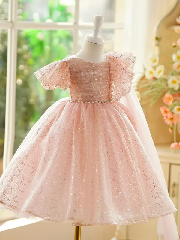 Bling Bling Blushing Pink Beading Pearl Sequins Birthday Flower Girl Dresses 2024 Ball Gown Scoop Neck Puffy Short Sleeve Floor-Length / Long