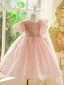 Bling Bling Blushing Pink Beading Pearl Sequins Birthday Flower Girl Dresses 2024 Ball Gown Scoop Neck Puffy Short Sleeve Floor-Length / Long