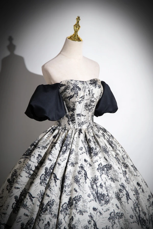 Elegante Schwarz Drucken Ballkleider 2024 Ballkleid Off Shoulder Kurze Ärmel Rückenfreies Lange Ball Festliche Kleider