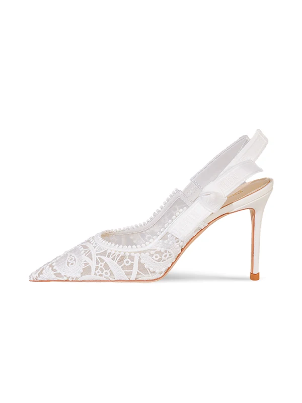 Elegant White Lace Wedding Shoes 2024 Wedding Leather 8 cm Stiletto Heels Pointed Toe Sandals High Heels