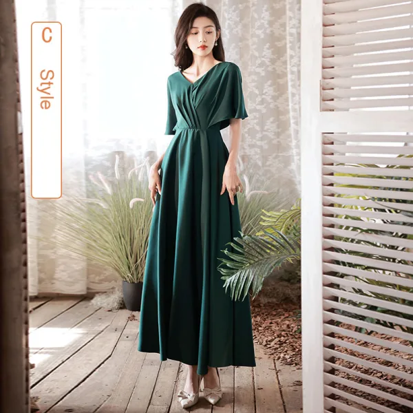 Modest / Simple Dark Green Satin Bridesmaid Dresses 2022 A-Line / Princess Short Sleeve Backless Floor-Length / Long