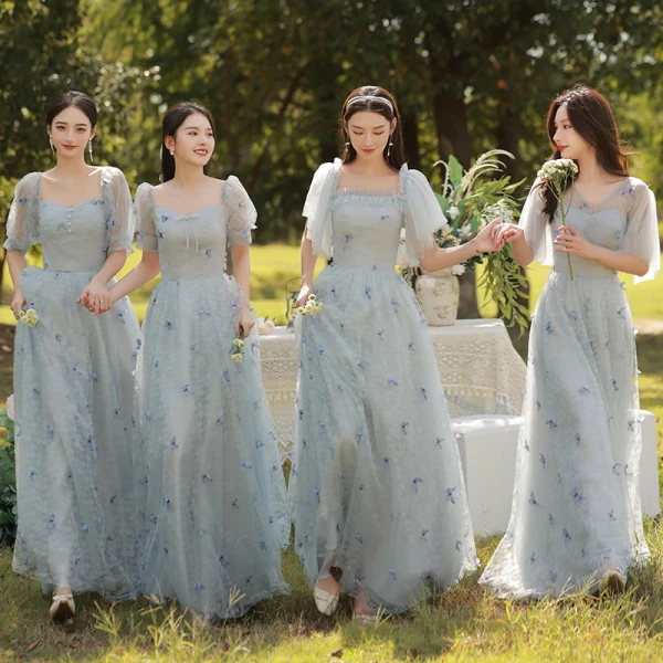Chic / Belle Bleu Ciel Papillon Appliques Robe Demoiselle D'honneur 2022 Princesse Encolure Carrée Manches Courtes Dos Nu Longue