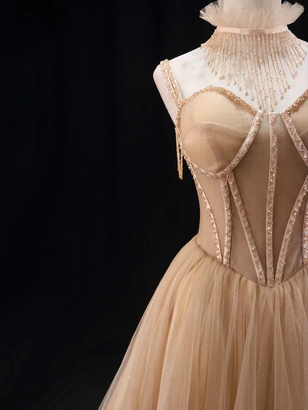 Charming Khaki Beading Prom Dresses 2024 Ball Gown High Neck Sleeveless Backless Sweep Train Prom Formal Dresses