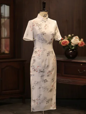 Chinese Style White Printing Split Front Tea Length Cheongsam 2026 Trumpet Mermaid High Neck Short Sleeve