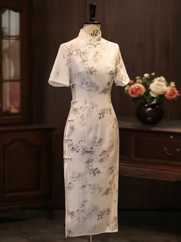 Kinesisk Stil Vita Utskrift Slits Fram Te Längd Cheongsam 2026 Trumpet Sjöjungfru Hög Hals Korta Ärm