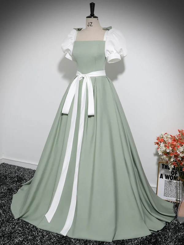 Fashion Sage Green Prom Dresses 2024 Ball Gown Square Neckline Puffy Short Sleeve Backless Bow Sash Floor-Length / Long Prom Formal Dresses