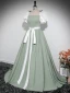 Fashion Sage Green Prom Dresses 2024 Ball Gown Square Neckline Puffy Short Sleeve Backless Bow Sash Floor-Length / Long Prom Formal Dresses