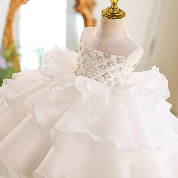 Voluminous Champagne Beading Sequins Cascading Ruffles Birthday Short Flower Girl Dresses 2026 Ball Gown Scoop Neck Sleeveless Backless