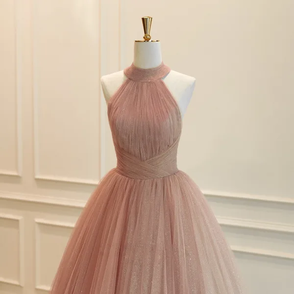 High End Rosa Glanz Ballkleider 2026 A Linie Stehkragen Ärmellos Rückenfreies Lange Festliche Kleider