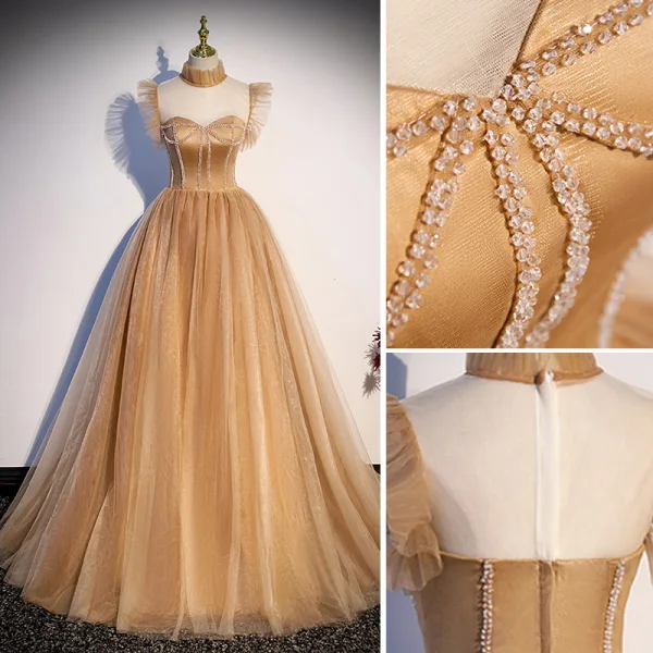 Eleganta Champagne Rhinestone Balklänningar 2023 Balklänning Hög Hals Ärmlös Långa Bal Formella Klänningar