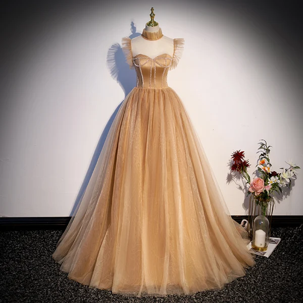Eleganta Champagne Rhinestone Balklänningar 2023 Balklänning Hög Hals Ärmlös Långa Bal Formella Klänningar