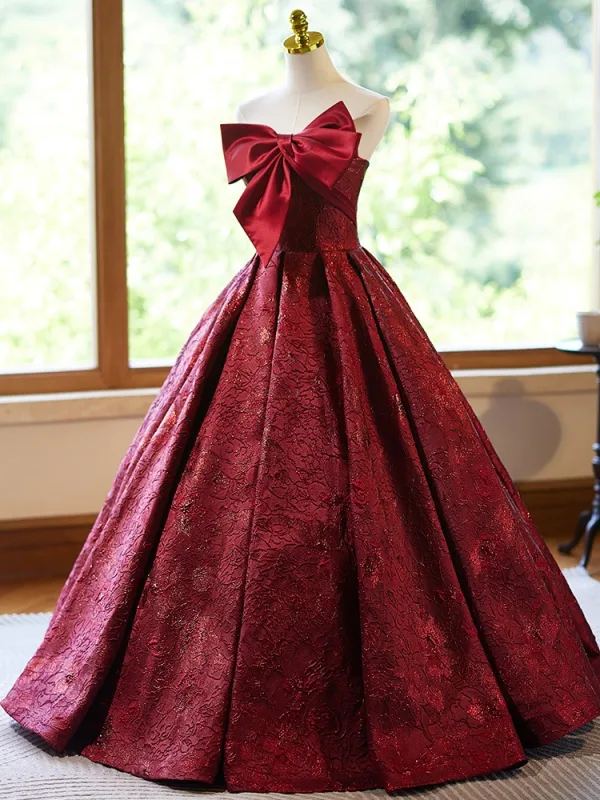 Élégant Bordeaux Impression Robe De Bal 2024 Robe Boule Bustier Noeud Sans Manches Dos Nu Longue Promo Robe De Ceremonie