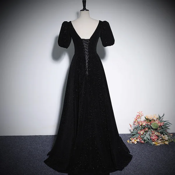 Elegant Black Rhinestone Velvet Evening Dresses 2023 A-Line / Princess V-Neck Short Sleeve Backless Floor-Length / Long Prom Formal Dresses