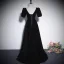 Elegant Black Rhinestone Velvet Evening Dresses 2023 A-Line / Princess V-Neck Short Sleeve Backless Floor-Length / Long Prom Formal Dresses