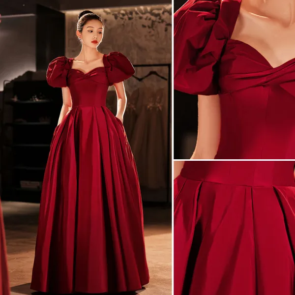 Chic / Beautiful Burgundy Satin Prom Dresses 2022 A-Line / Princess Square Neckline Puffy Short Sleeve Backless Floor-Length / Long Formal Dresses