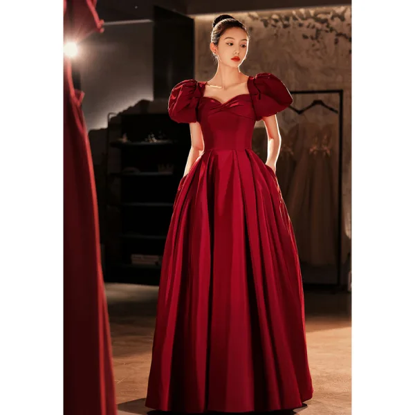 Chic / Beautiful Burgundy Satin Prom Dresses 2022 A-Line / Princess Square Neckline Puffy Short Sleeve Backless Floor-Length / Long Formal Dresses