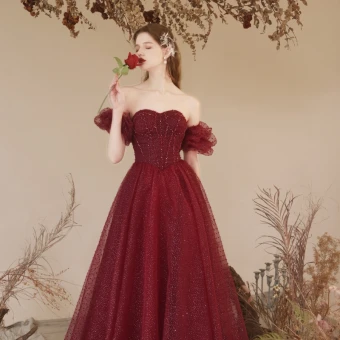 Bling Bling Bordeaux Glitter Robe De Bal 2024 Princesse De L Épaule Manches Courtes Dos Nu Longue Promo Robe De Ceremonie