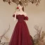 Bling Bling Burgundy Glitter Prom Dresses 2024 A-Line / Princess Off-The-Shoulder Short Sleeve Backless Floor-Length / Long Prom Formal Dresses