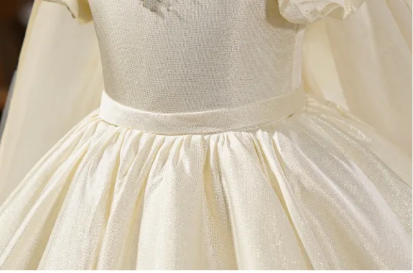 Elegant Ivory Rhinestone Appliques Wedding Flower Girl Dresses 2025 Ball Gown Scoop Neck Puffy Short Sleeve Floor-Length / Long Flower Girl Dresses