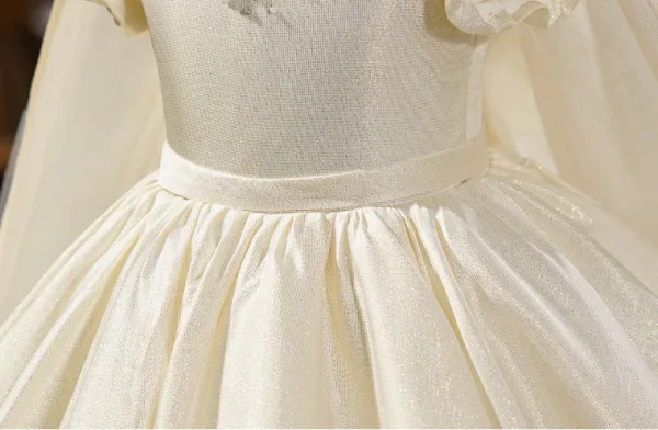 Elegante Ivory / Creme Applikationen Geburtstag Blumenmädchenkleider 2026 Ballkleid Rundhalsausschnitt Geschwollenes Kurze Ärmel